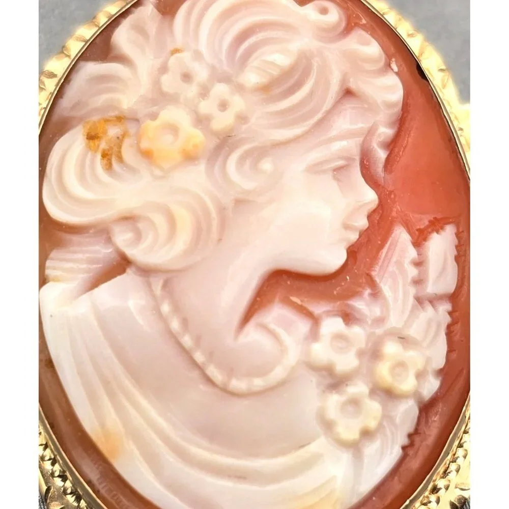 14K Yellow Gold Shell Cameo Brooch/Pendant Hand-Carved Profile 5.28g Signed LJI - Picture 3 of 11